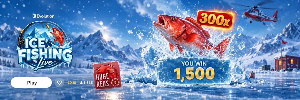 Ice Fishing Live game in a casino lobby with a Play button and a 300x Huge Reds win